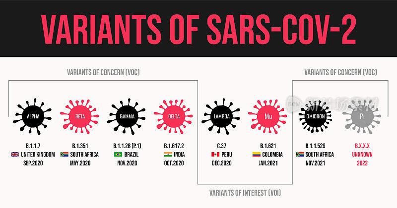 世卫组织SARS-CoV-2的冠状病毒变体名称来自希腊字母alpha、beta gamma、delta、lambda mu和omicron突变。第一次发现COVID-19的国家的国旗
